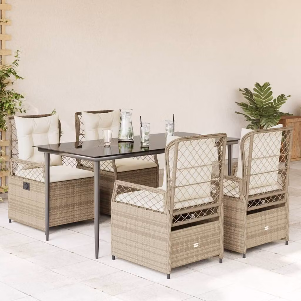 Set da pranzo da giardino vidaXL in polyrattan con cuscini beige e piano in vetro per 5 persone