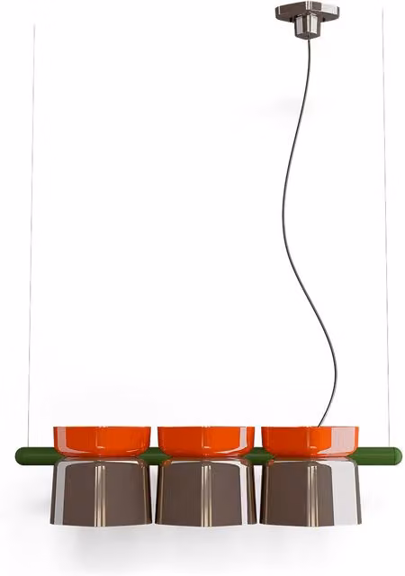 Lampadario a sospensione Ferroluce Yakitori in stile Art Déco con 3 luci in ceramica e metallo, colori arancio, marrone e verde, attacco E27, H 104,5 cm x L 53 cm x P 28,5 cm