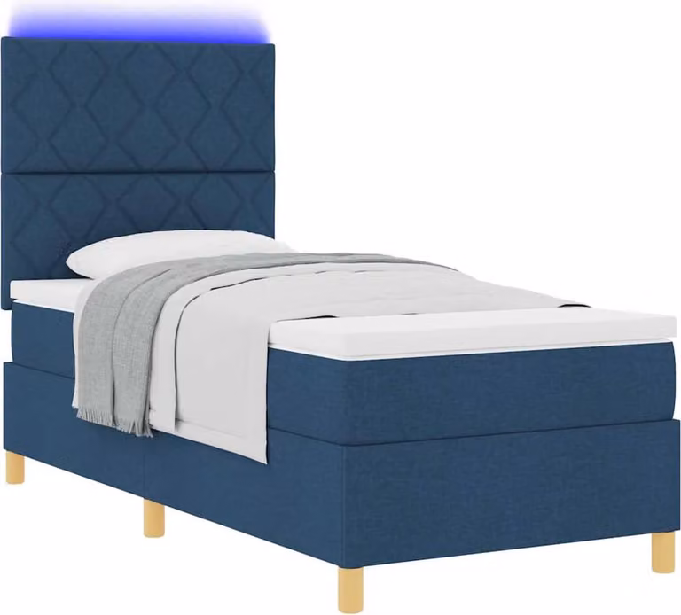 Letto con rete a molle e illuminazione a LED, con testiera, blu, 90 x 190 cm, rivestito in tessuto
