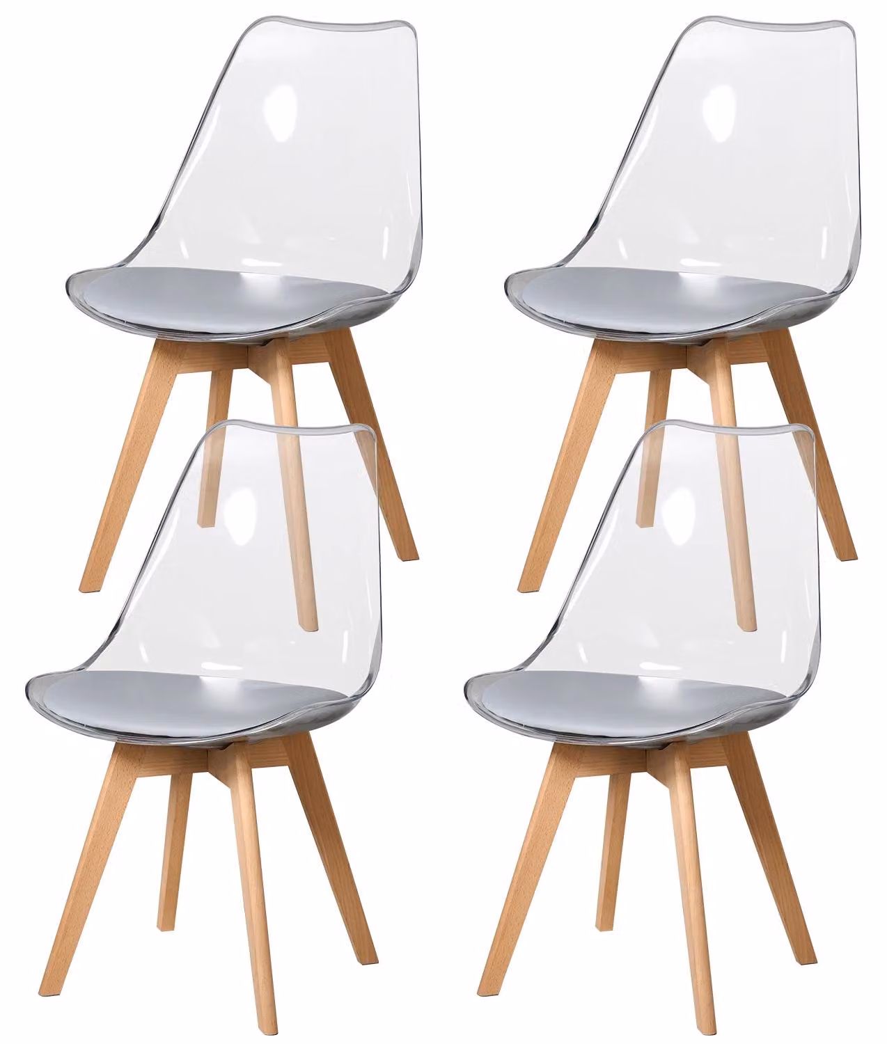 Sedie da pranzo - Set da 4 - Acrilico trasparente - Seduta in poliuretano grigio - Gambe in legno di faggio - Seduta imbottita - Stile moderno