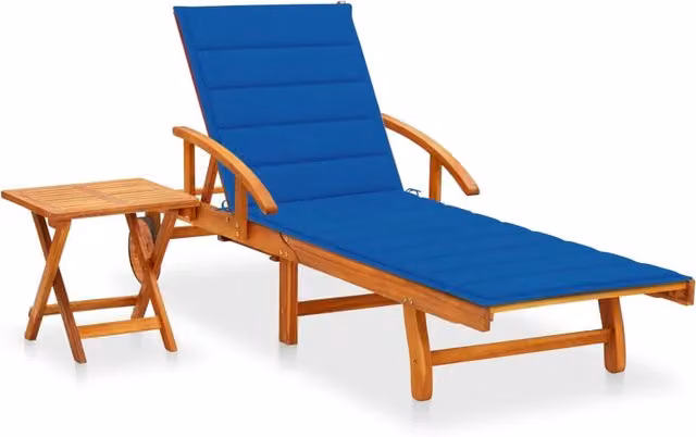 Lettino prendisole Outsunny in legno di acacia con cuscino blu e tavolino laterale per giardino e terrazzo