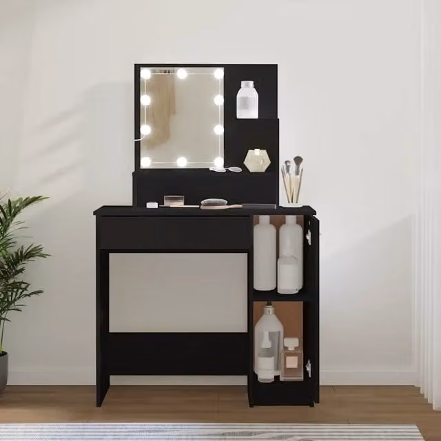 Toeletta con LED Hollywood vidaXL, colore nero, L: 86,5 cm, P: 35 cm, H: 136 cm