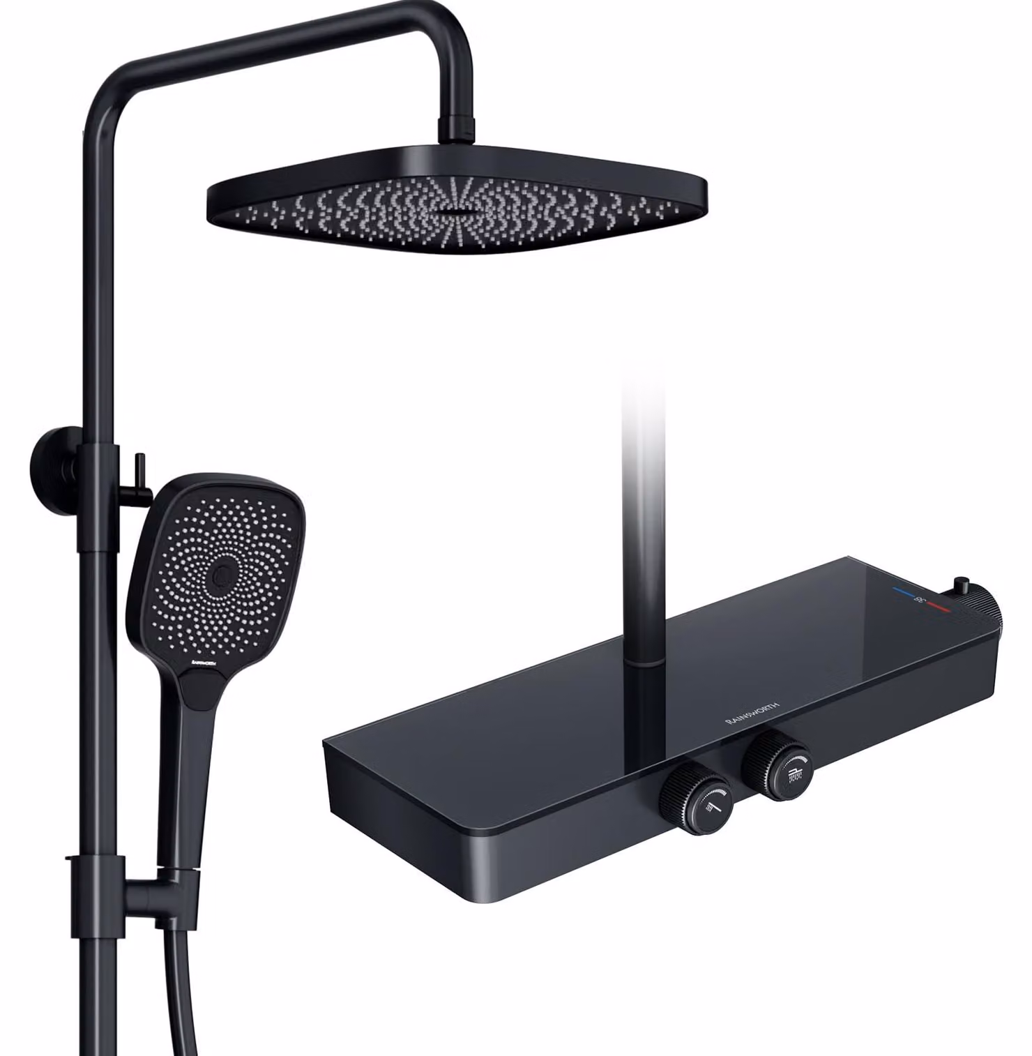 Sistema doccia con termostato, ripiano in vetro, doccia a pioggia 26x26 cm, colore nero