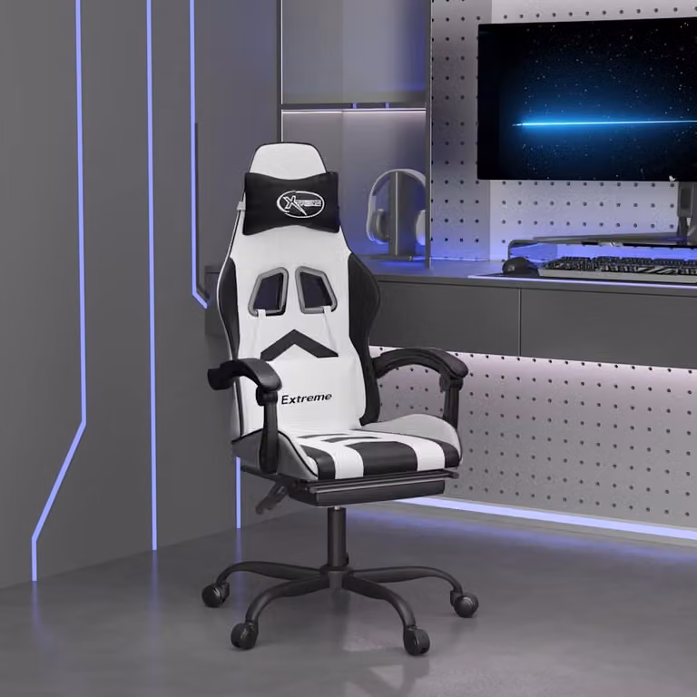 Sedia da Gaming Girevole vidaXL in Similpelle Bianco e Nero con Poggiapiedi e Braccioli