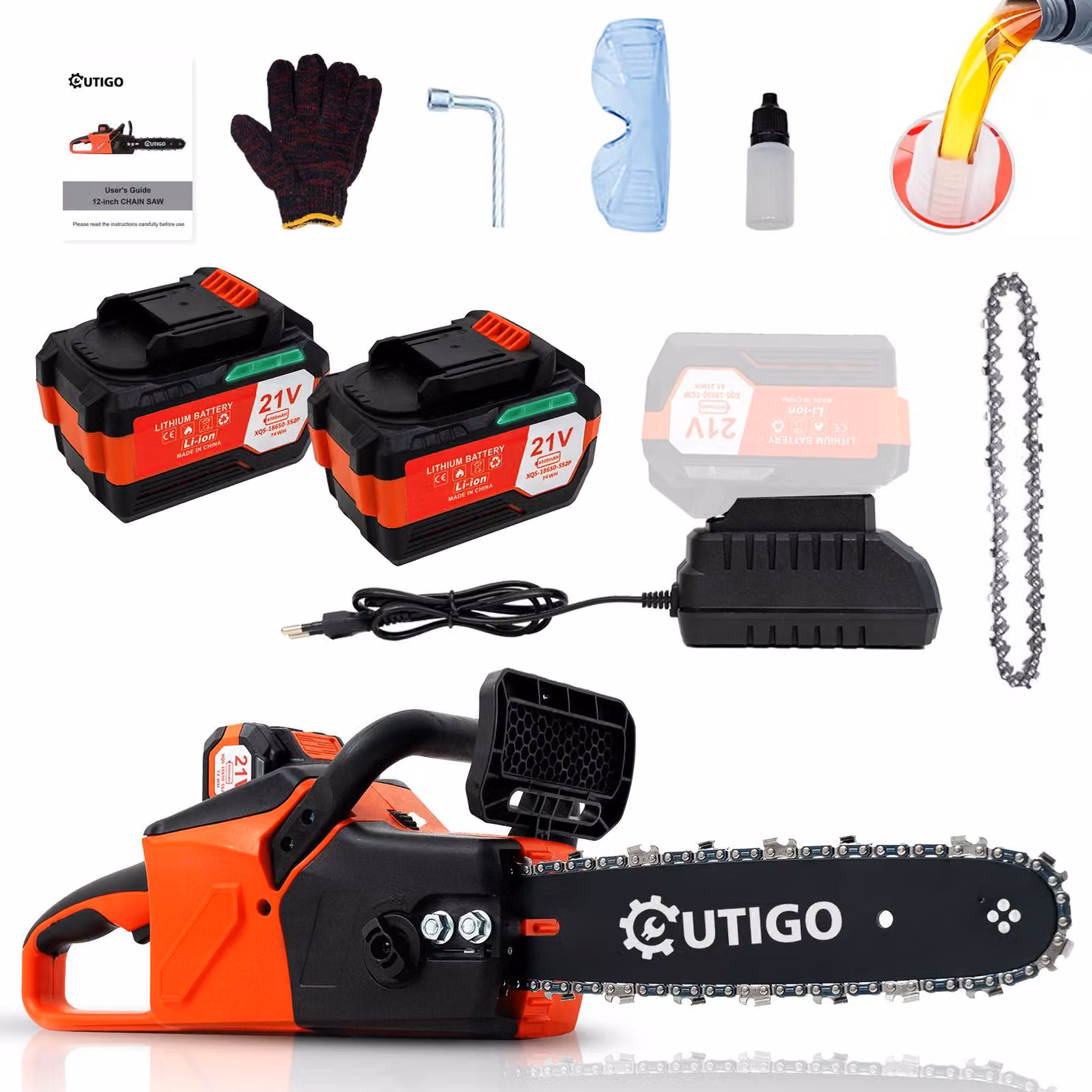 OUTIGO Motosega a batteria da 12 pollici con 2 batterie da 4 Ah a 21 V, motore brushless da 700 W, sistema di autolubrificazione, catena di ricambio inclusa