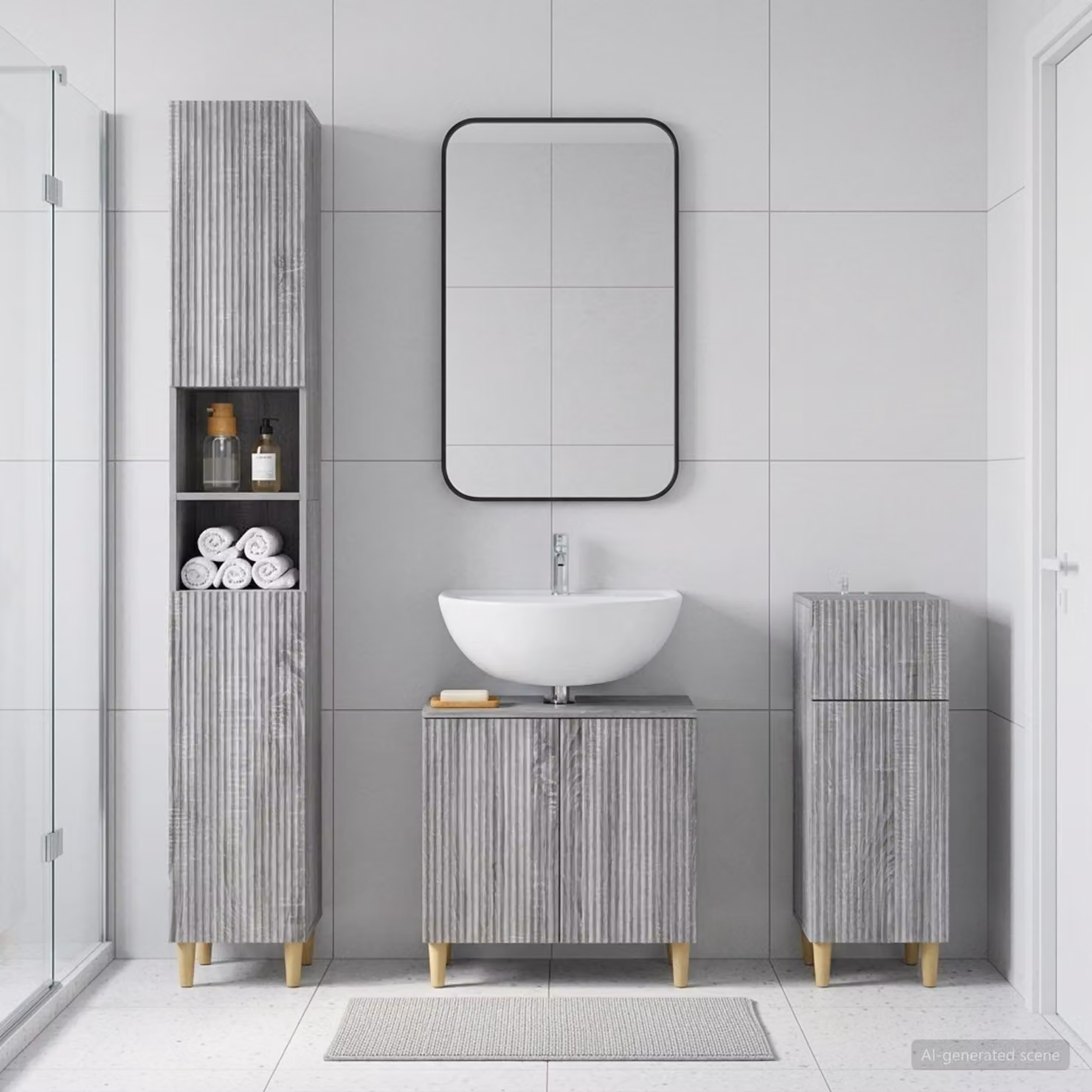 Set di armadietti da bagno 3 pezzi vidaXL ARNHEM in legno e MDF grigio, composto da mobile lavabo, colonna alta e mobile laterale, L/P/H: 190 x 47,98 x 30 cm