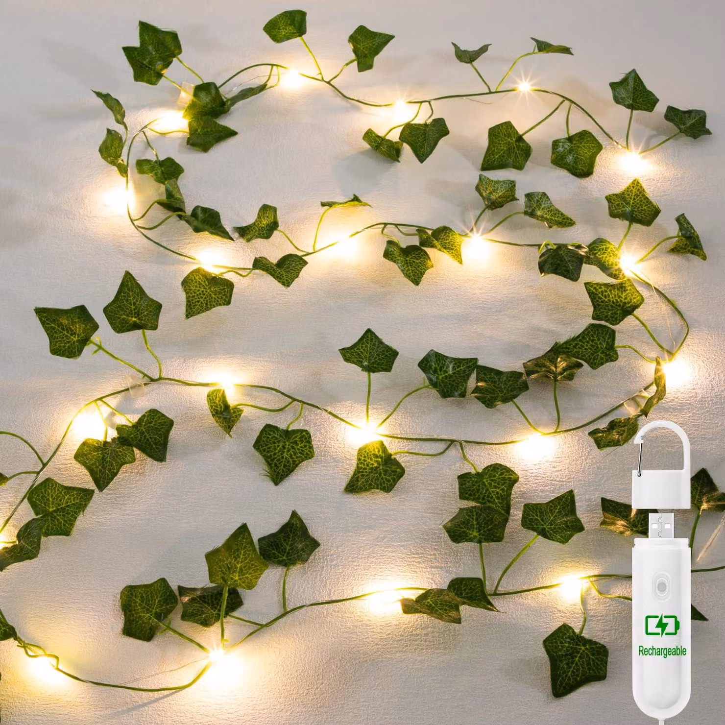 Catena luminosa con edera artificiale, 20 LED, luce bianco caldo, 2 metri, ricaricabile tramite USB