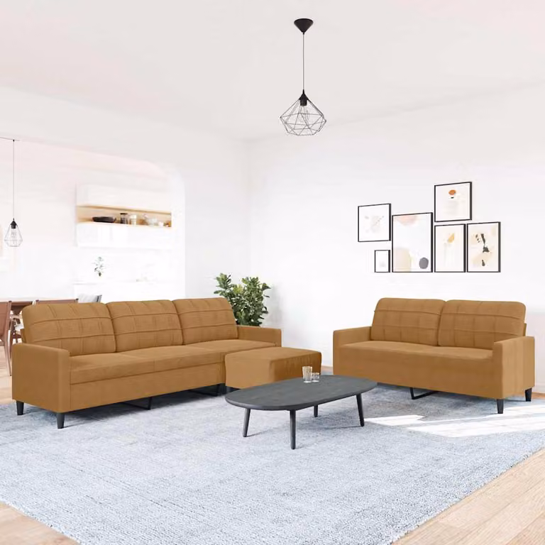 Set di divani moderno vidaXL in velluto marrone con pouf e cuscini, composto da divano a 3 posti, divano a 2 posti e pouf con struttura in metallo