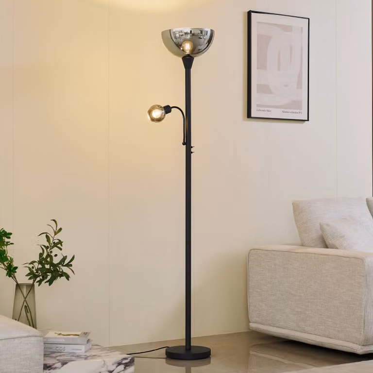Lampada da terra con luce lettura Nehemia Lindby, Nero, Soggiorno / Sala da pranzo, Metallo, Moderno, Lampada da terra