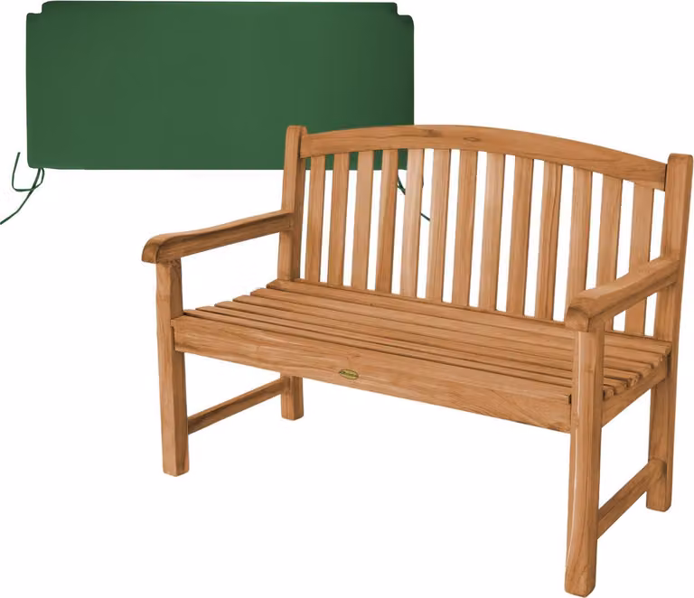 Panca in teak massello, modello Bari, 120 cm, resistente alle intemperie, con cuscino seduta verde