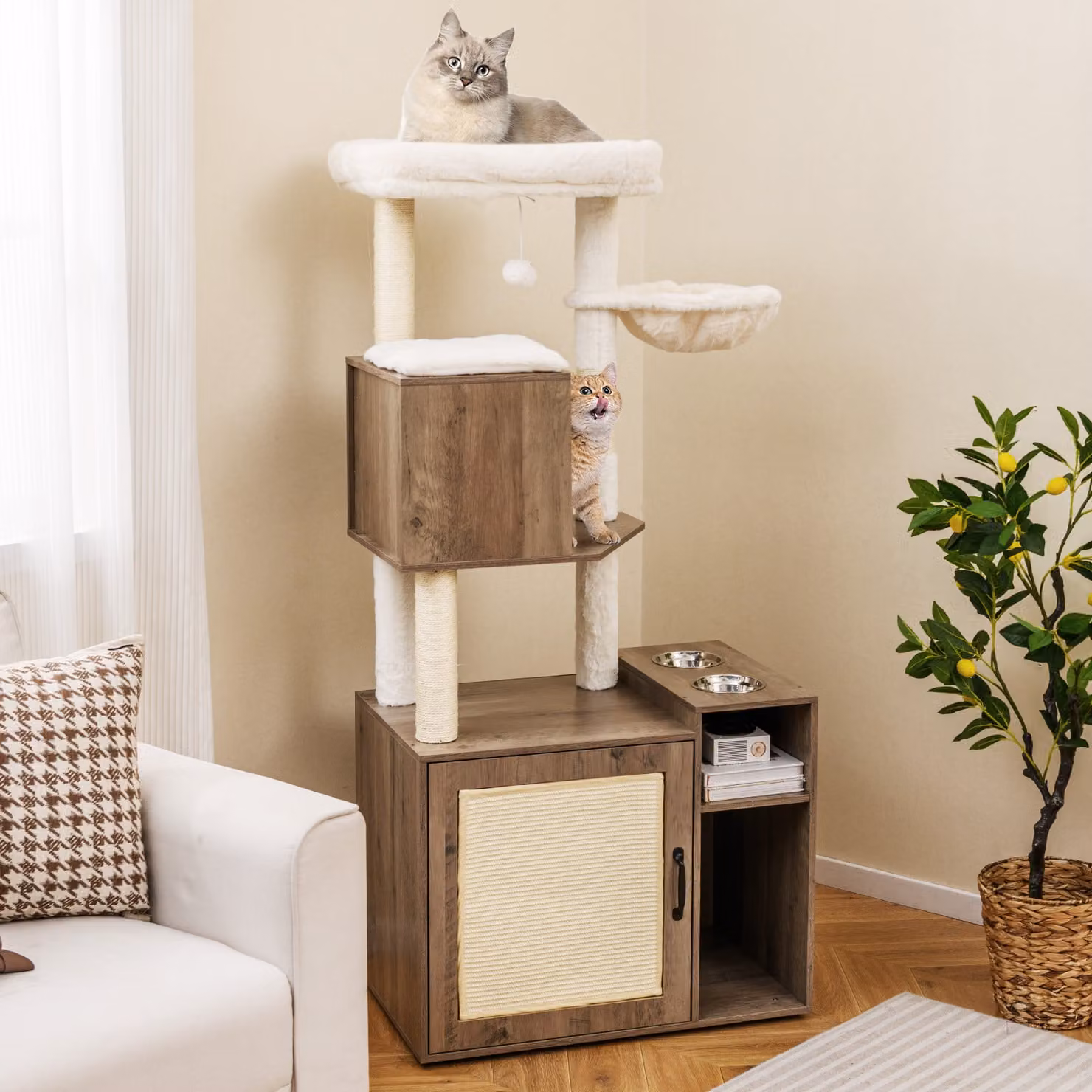 Costway Mobiletto per lettiera per gatti con torre d'arrampicata, graffio in sisal sostituibile e tappetino, Grigio