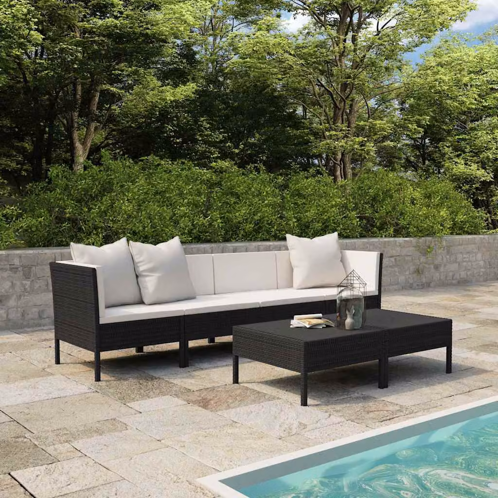 vidaXL Set Divani da Giardino a Forma di L con Cuscini e Tavolino, Struttura in Metallo e Polyrattan Nero e Bianco