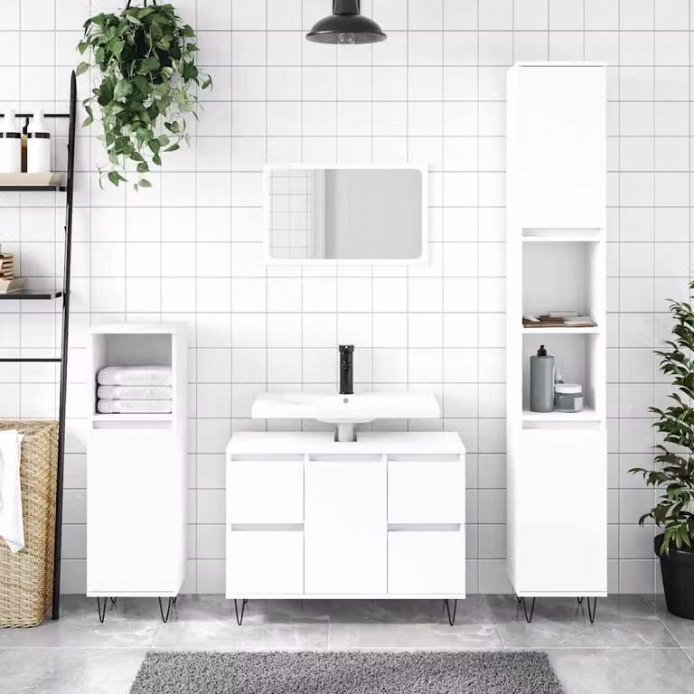 Mobile da bagno vidaXL bianco in legno e metallo con ante a battente e cassetti L 80 x P 33 x H 60 cm