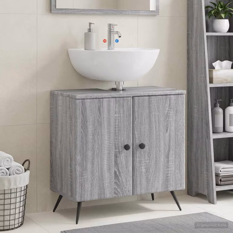 Armadio per lavabo da bagno vidaXL BREDA Sonoma moderno grigio e nero con ante a battente e struttura autoportante