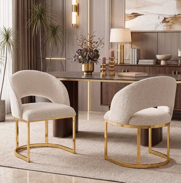 Set 2 sedie da pranzo in bouclé beige con gambe in metallo dorato
