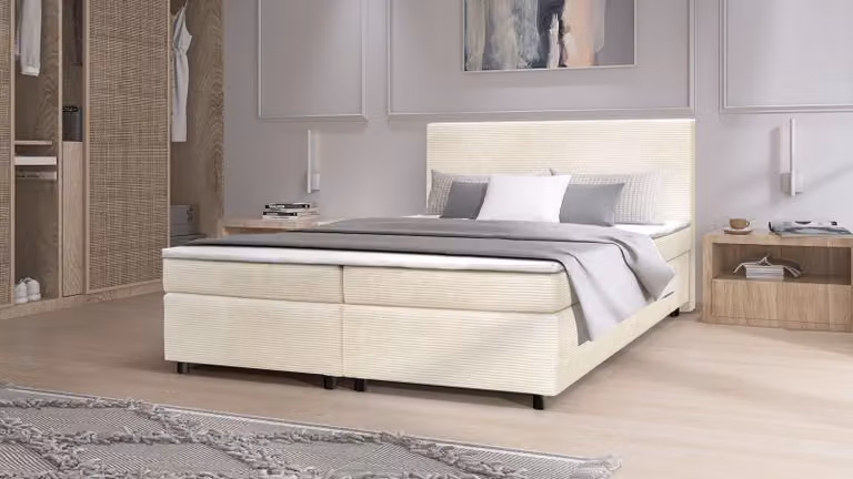 Letto con rete a molle Paxos, rivestito in tessuto beige, dimensioni 180x200, ideale per hotel, con struttura a molle Bonell