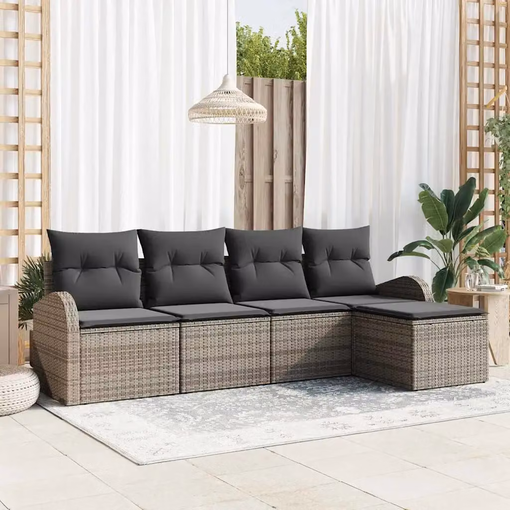 Set di divani da giardino vidaXL a forma di L in rattan grigio con cuscini e pouf – 1