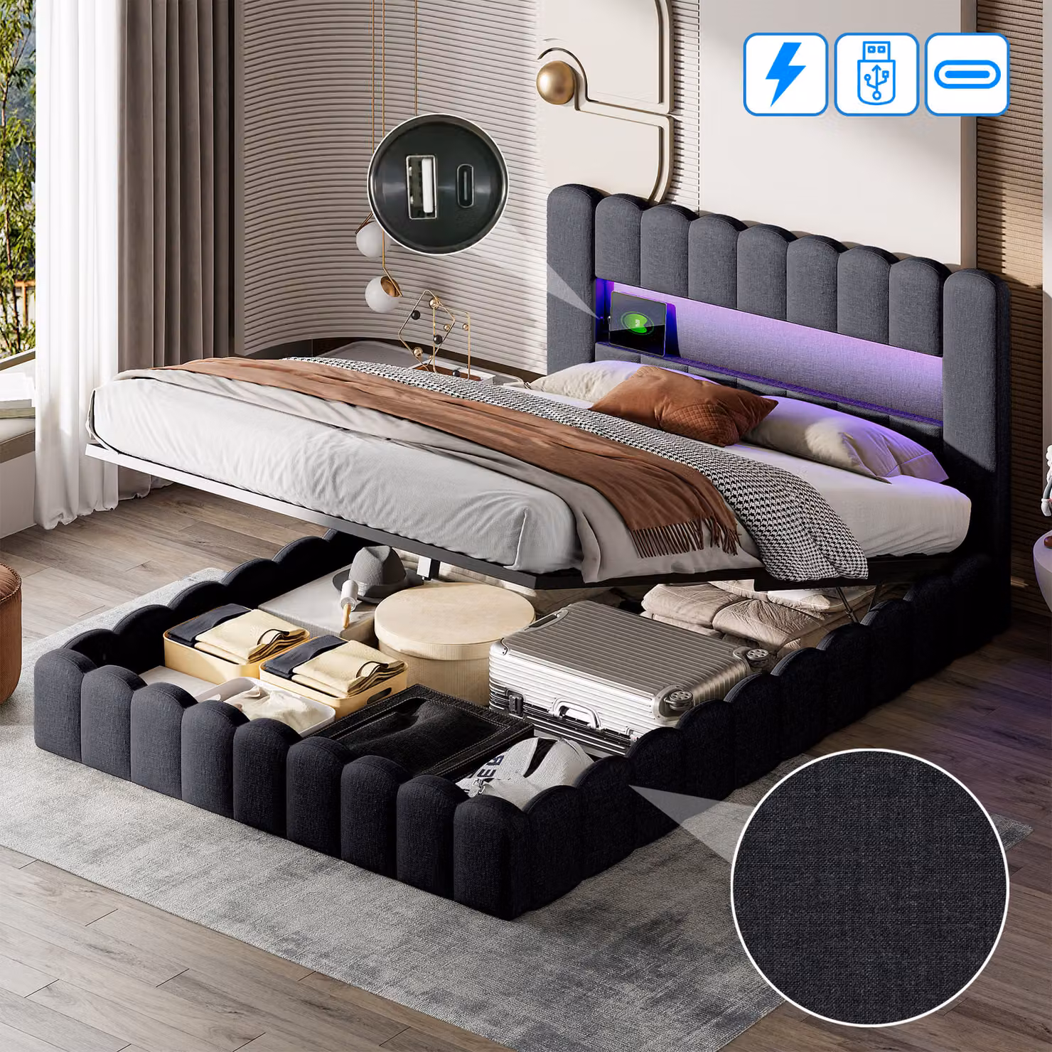 Letto imbottito CDGlobal 180x200cm, letto matrimoniale con contenitore e rete a doghe, testata a LED con funzione di ricarica USB, letto contenitore idraulico, struttura letto moderna e funzionale, grigio-PU