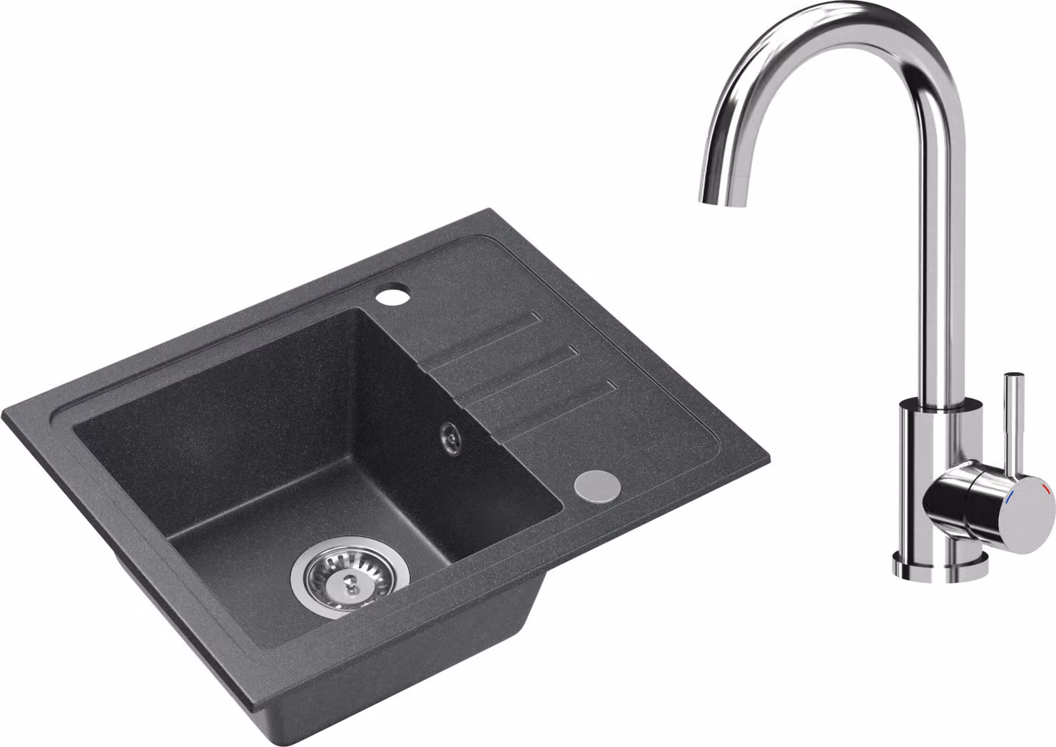VBChome Lavello in granito nero con rubinetteria 55 x 44 cm Lavello da incasso a vasca singola Macchiettato Reversibile Lavello in granito Sifone Rubinetteria per lavabo