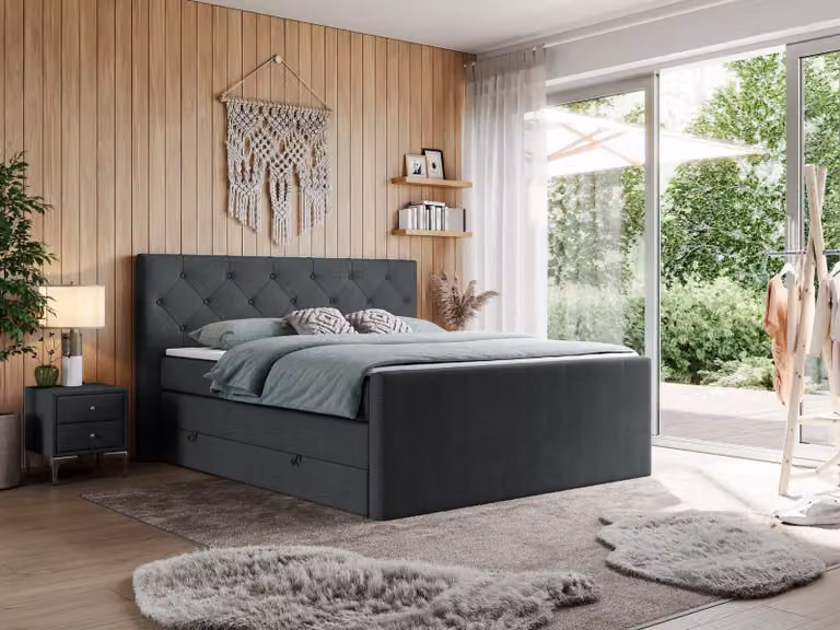 Letto matrimoniale con materasso Multipocket e coprimaterasso, letto boxspring con cassetti - KING VELEN - 160x200 cm - Grigio scuro - H3