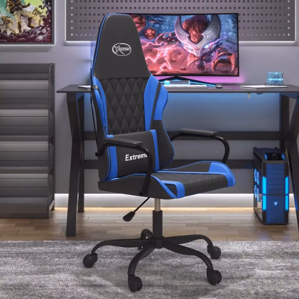 Sedia da Gaming Professionale in Similpelle con Poggiatesta, Ruote e Braccioli, Colore Nero e Blu – 2