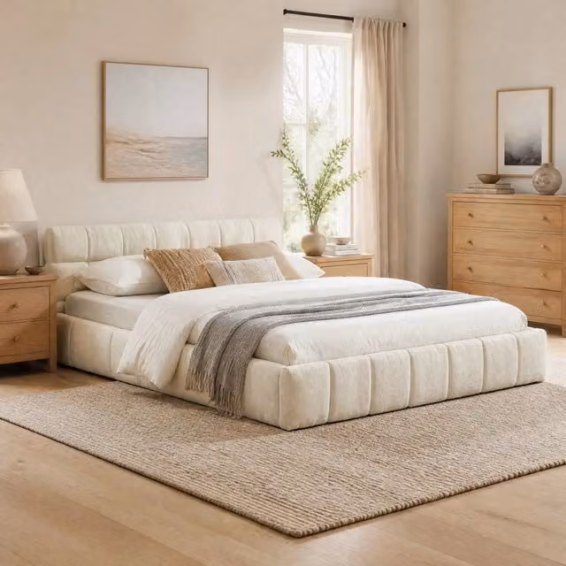 Letto matrimoniale imbottito ULEVR 140x200 cm, ciniglia beige, struttura in legno di eucalipto e ferro