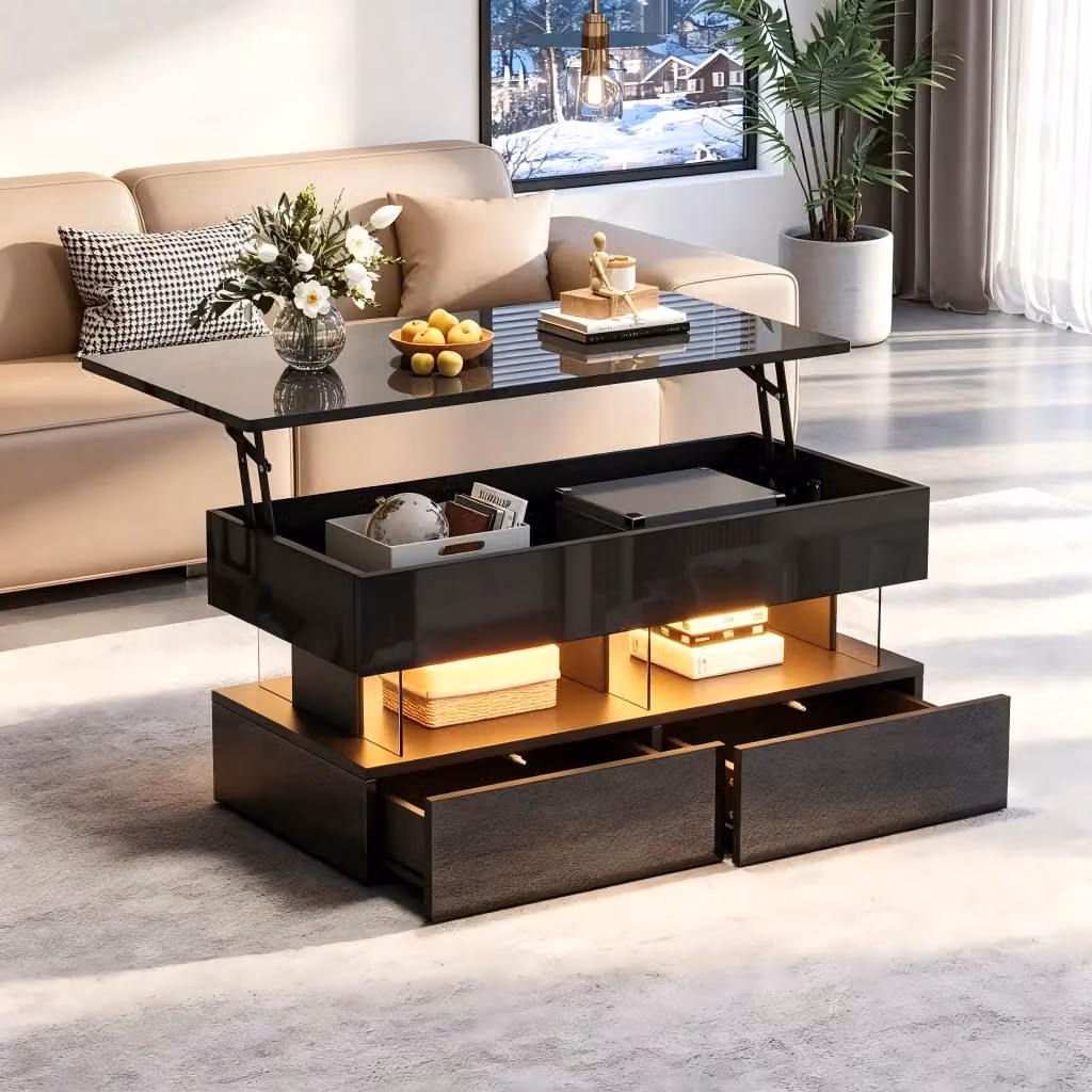 Tavolino da caffè REDOM nero lucido con meccanismo alzabile e design moderno L/P/H: 100 x 50 x 46 cm – 2