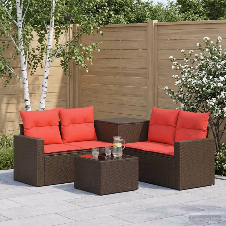 Set di divani da giardino vidaXL composto da 6 pezzi in rattan e acciaio con cuscini, colore marrone e rosso