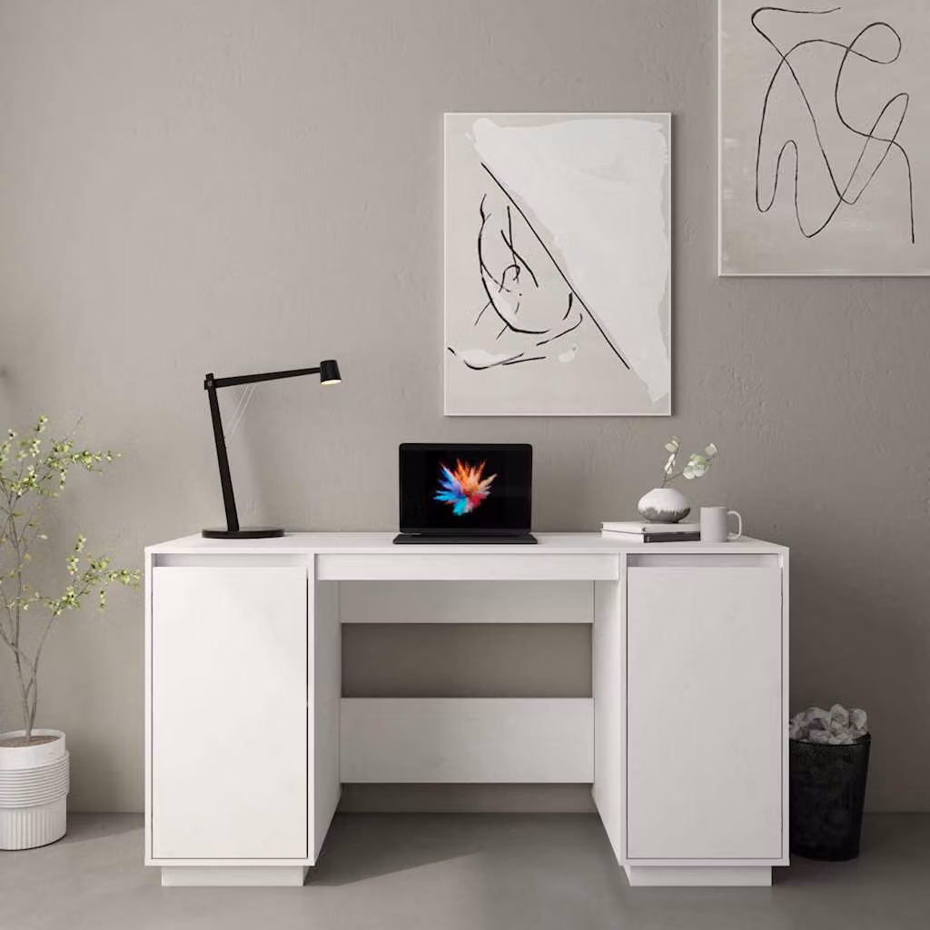 Scrivania moderna vidaXL in legno massello di pino bianca L 140 cm, P 50 cm, H 75 cm