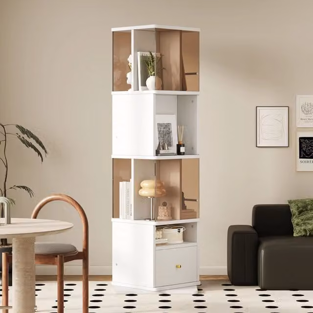 Vetrina girevole con LED e cassetto in MDF e vetro temperato marrone bianco per soggiorno 50 × 50 × 160 cm