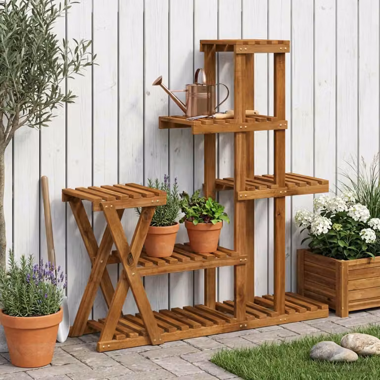 Supporto per piante vidaXL in legno di acacia naturale, moderno, L: 95 cm, P: 25 cm, H: 101,5 cm