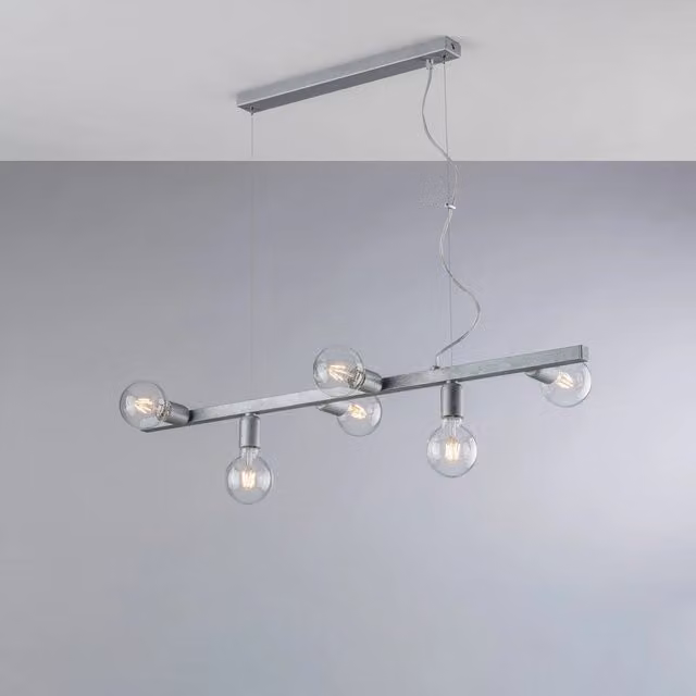 Lampadario a sospensione Fabian di Bonetti Illumina in metallo argento con 6 luci E27 e paralumi in vetro trasparente