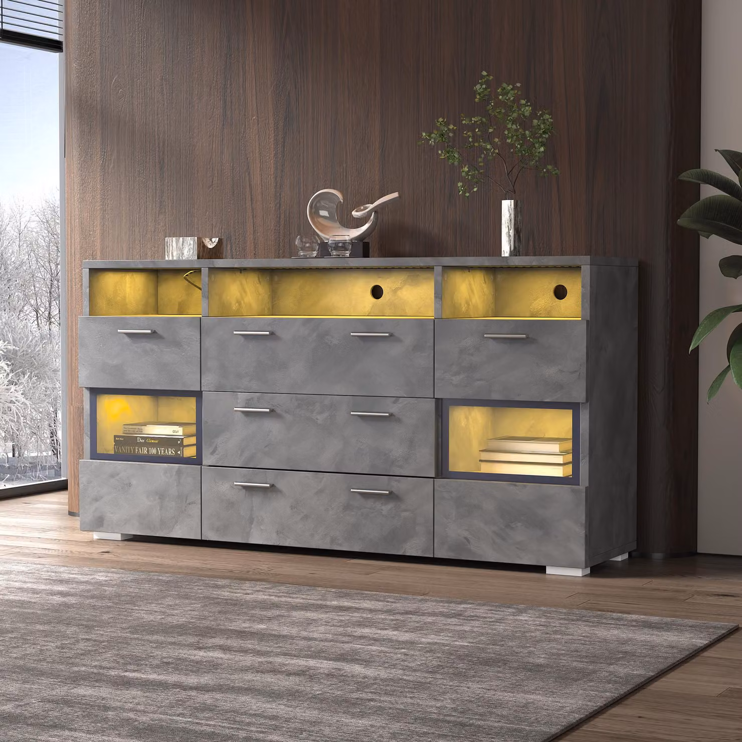Credenza Merax lucida con LED e ante in acrilico, cassettiera con 2 ante e 3 cassetti, base con 3 vani a giorno per il soggiorno, grigio