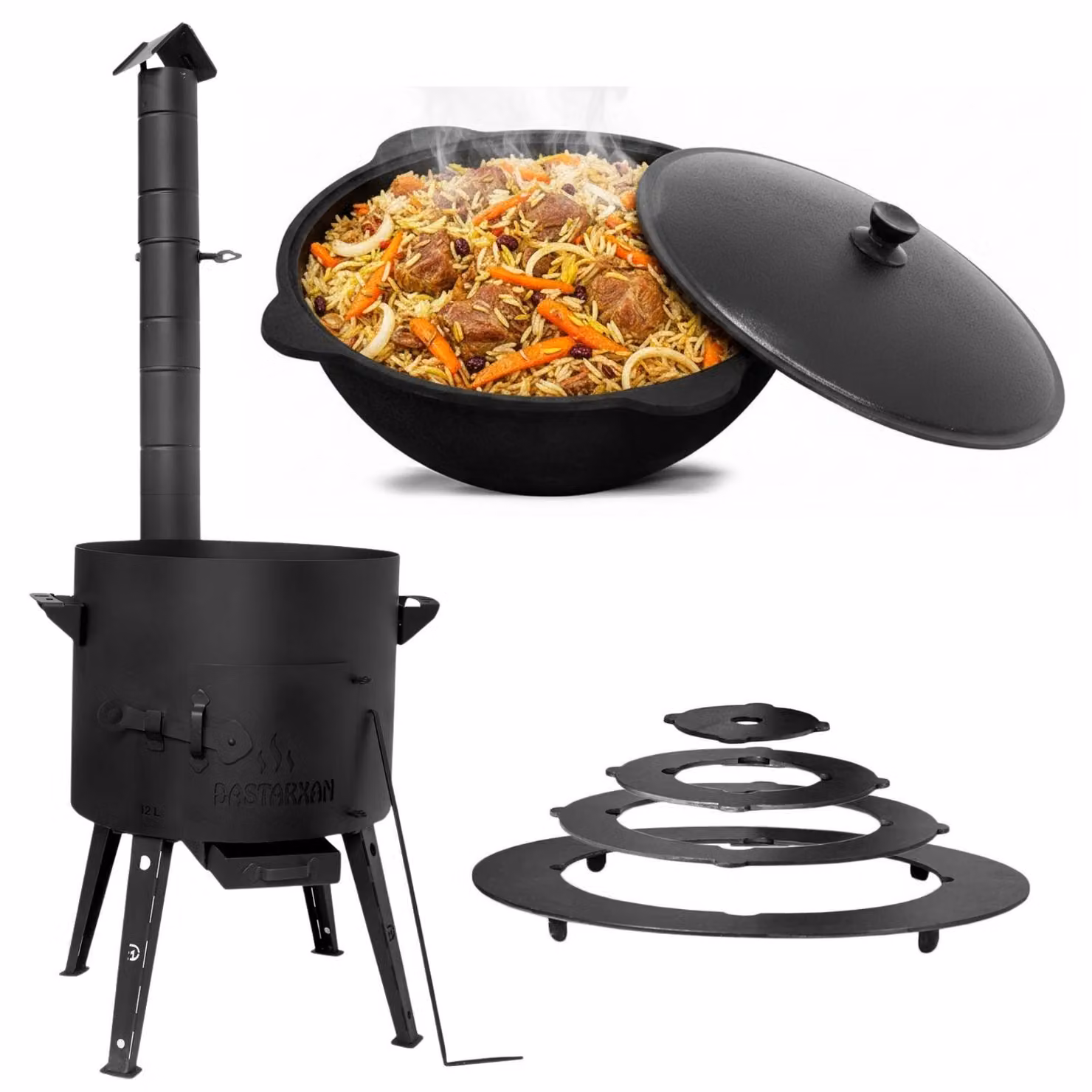 Ø40 Uchag 2 mm in acciaio, 12 litri, Kazan Uchag con anelli adattatori per canna fumaria, tubo di scarico, stufa da campeggio Uchag, Kazan, focolare, cucina da campo, cucina all'aperto, fornello per stufati, fornello da campo