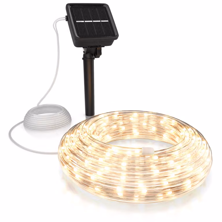 BEARWARE Luci fiabesche a LED solari 10 m bianco caldo - per interni ed esterni - pannello solare con batteria ricaricabile 1200mAh - 100 led bianco caldo - 2 modalità: lampeggiante e fissa - conduttore in rame flessibile - classe di protezione IP44