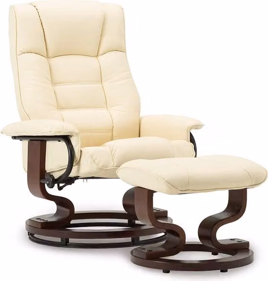 MCombo Sedia reclinabile TV Divano inclinabile con poggiapiedi Gambe in legno Similcuoio Nero/Crema (Crema)