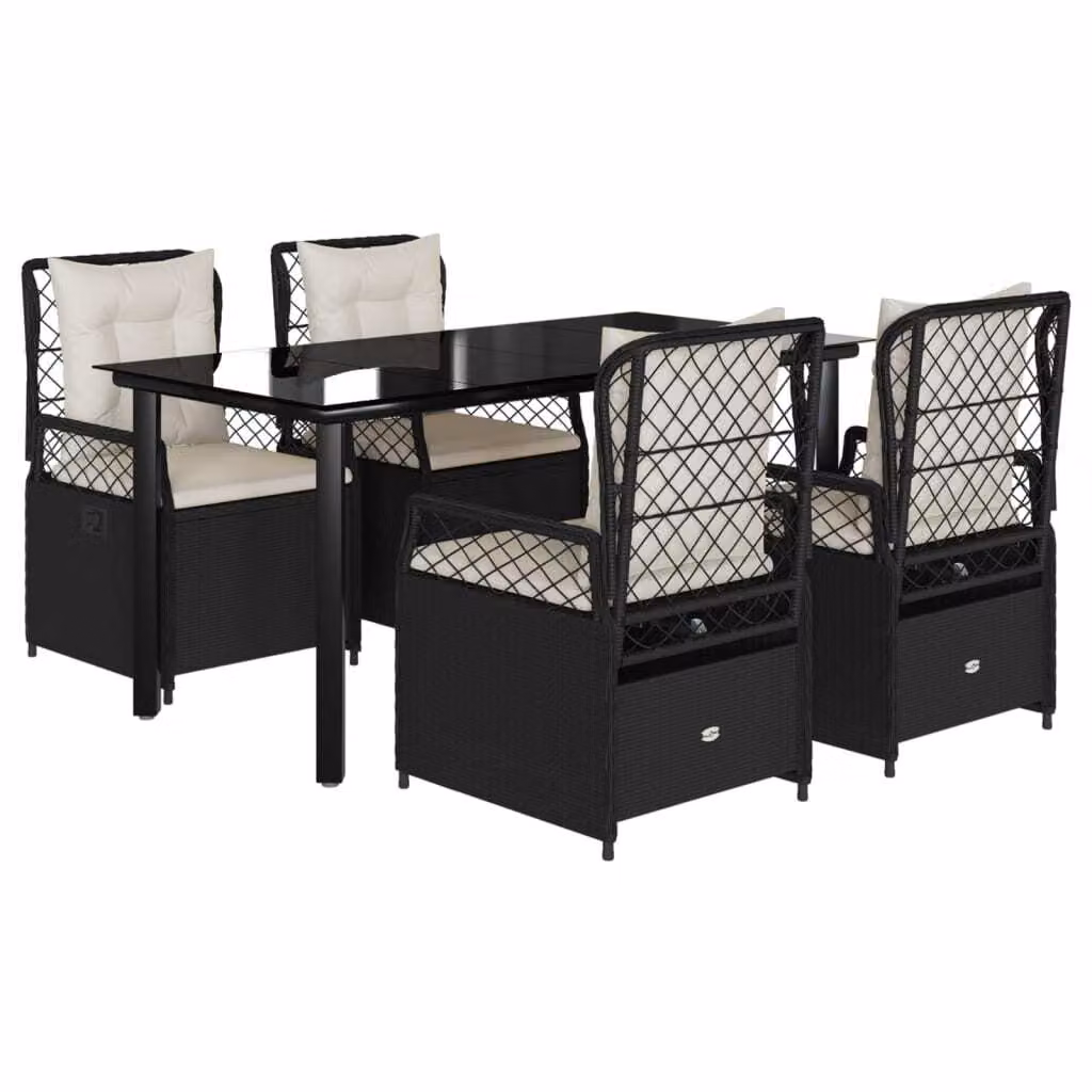 Set da Pranzo da Giardino 5 pz Nero con Cuscini in Polyrattan