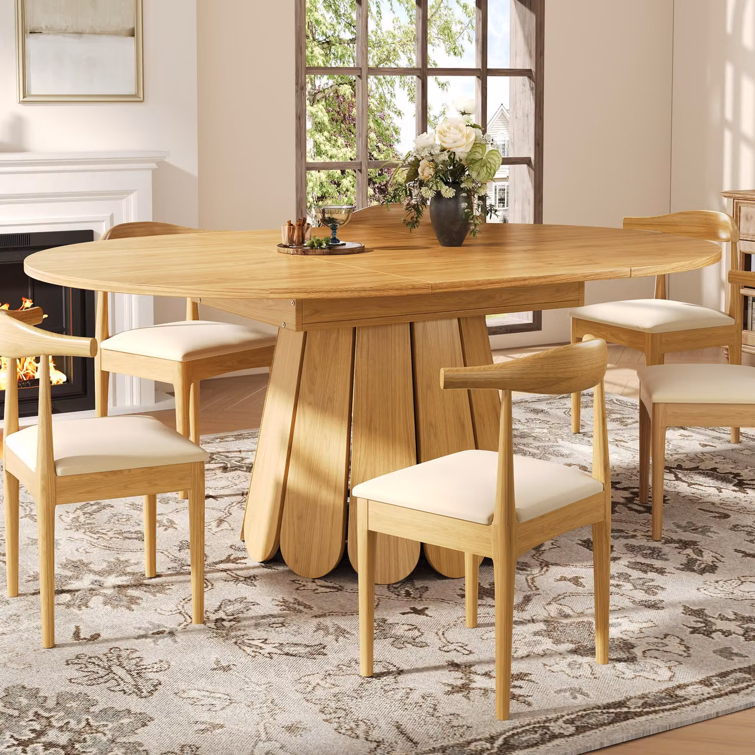 Tavolo da pranzo allungabile Flieks, tavolo da cucina rotondo/ovale tavolo telescopico 118-158x118x76,8 cm, tavolo rotondo per 6 persone, tavolo da sala da pranzo finitura naturale