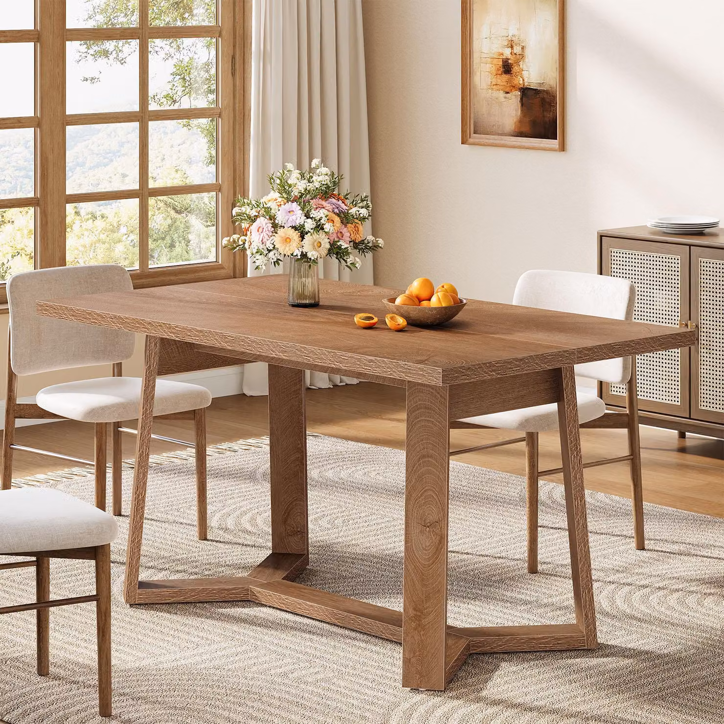 Tavolo da pranzo in stile rustico Tribesigns, in legno marrone scuro, altezza 120 cm, tavolo da cucina con base geometrica, per 6 persone, adatto per soggiorno o ufficio