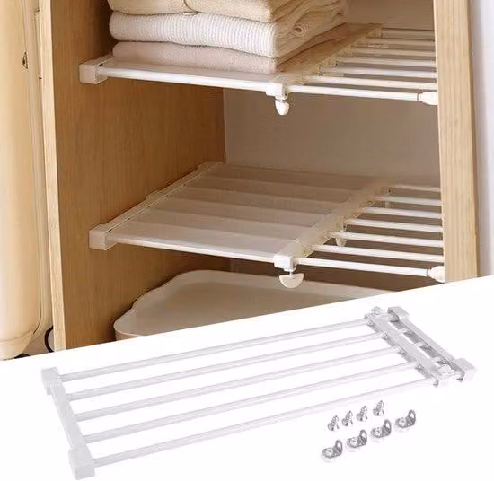 Sistema telescopico regolabile per guardaroba e cucina, 732–128 cm, con ripiano