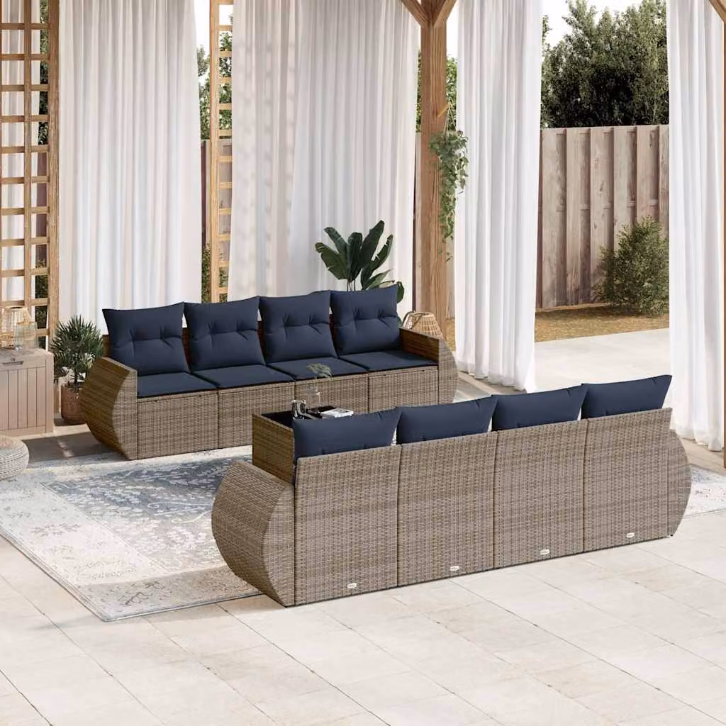 Set Divani da Giardino vidaXL 9 Pezzi a Forma di U con Cuscini Blu e Grigio in Polyrattan e Tavolino da Caffè