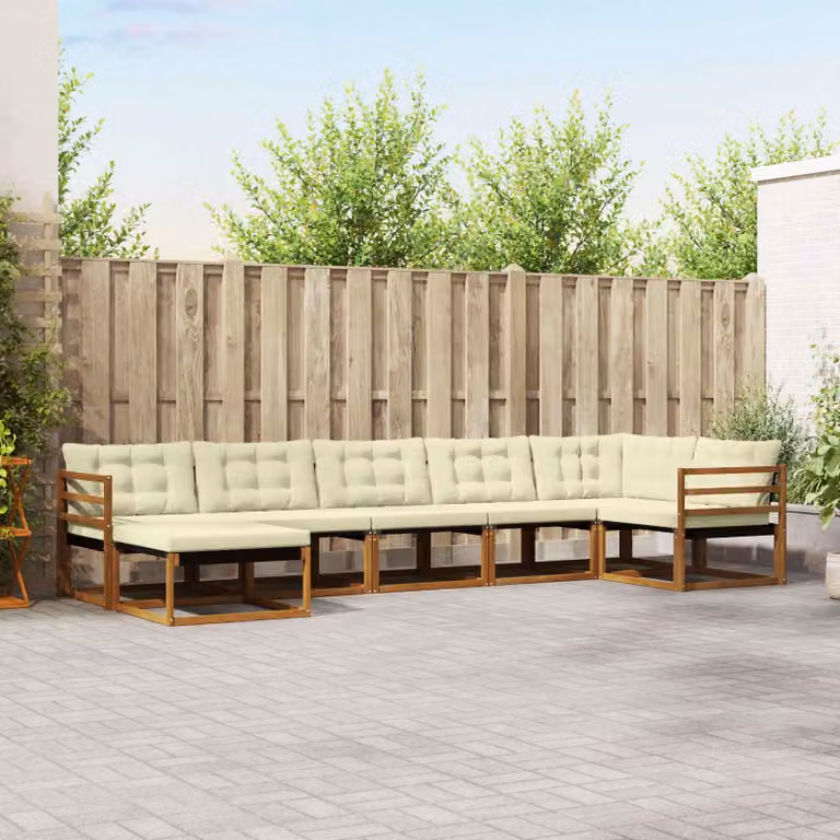 Set di divani da esterno vidaXL 7 pz in legno di acacia con cuscini beige e bianchi, design moderno a L con pouf e elementi angolari per giardino e terrazza