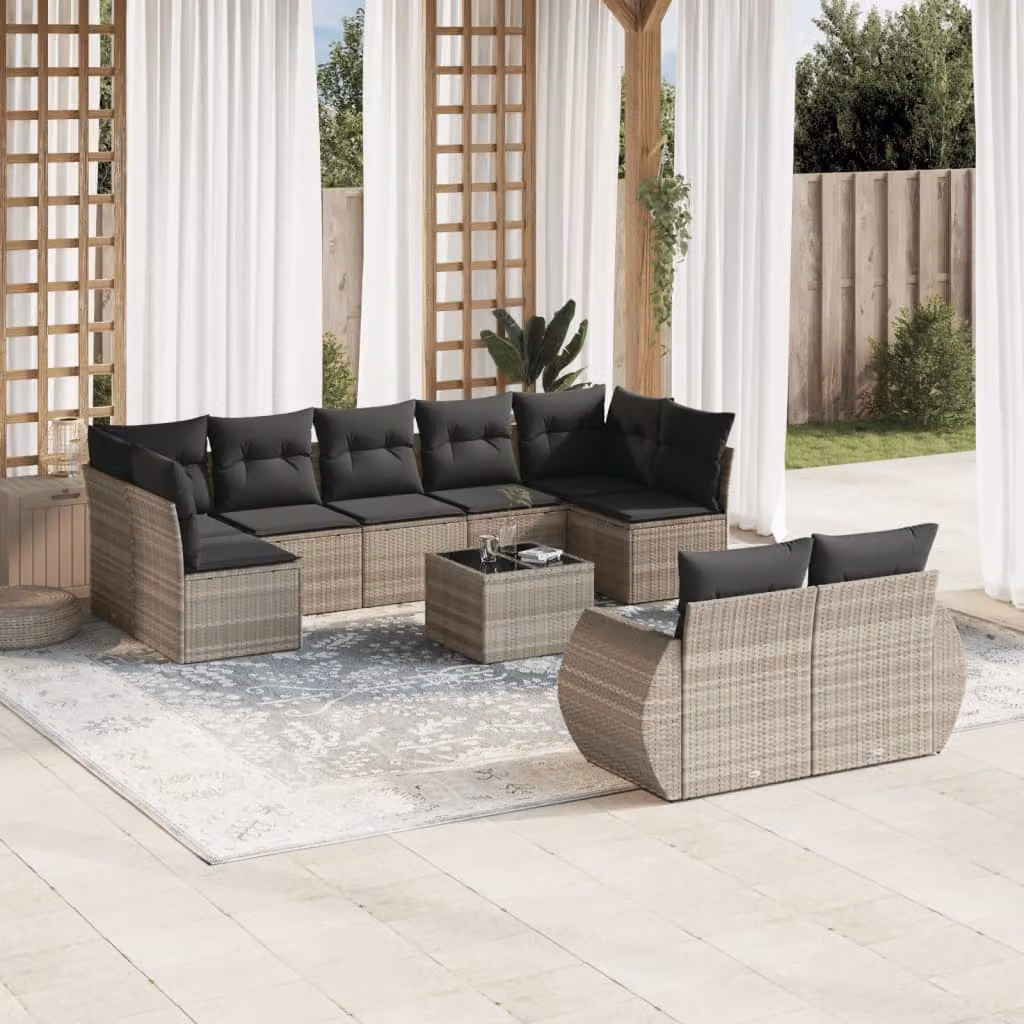 vidaXL Set Divano da Giardino a Forma di U composto da 10 Pezzi con Cuscini Grigio Chiaro in Polyrattan e Metallo – 1
