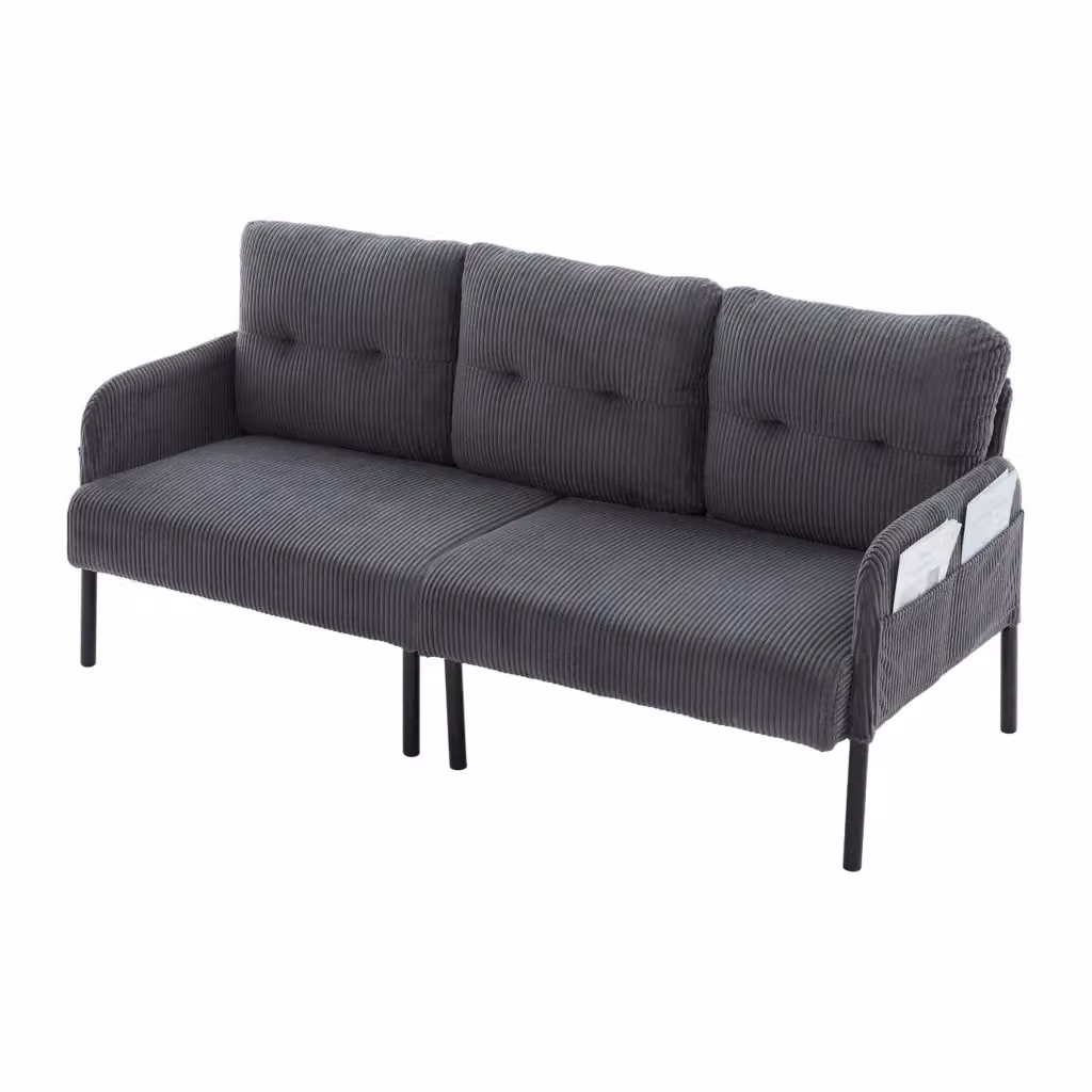 Divano lineare a 3 posti Chicfurn in velluto a coste grigio con schienale ergonomico e tasche laterali L: 171 cm, P: 80 cm, H: 72 cm – 2