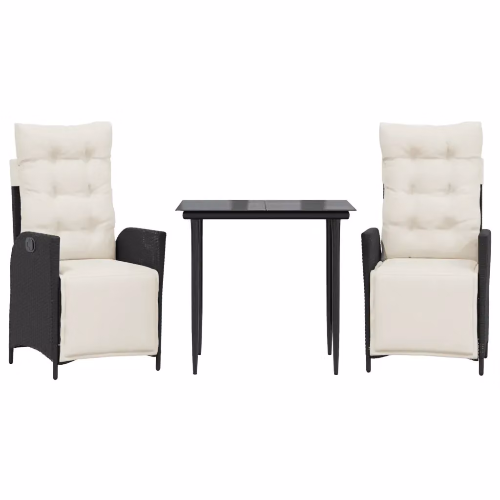 Set da Pranzo da Giardino 3 pz vidaXL in Polyrattan Nero con Cuscini e Tavolo in Vetro – 2
