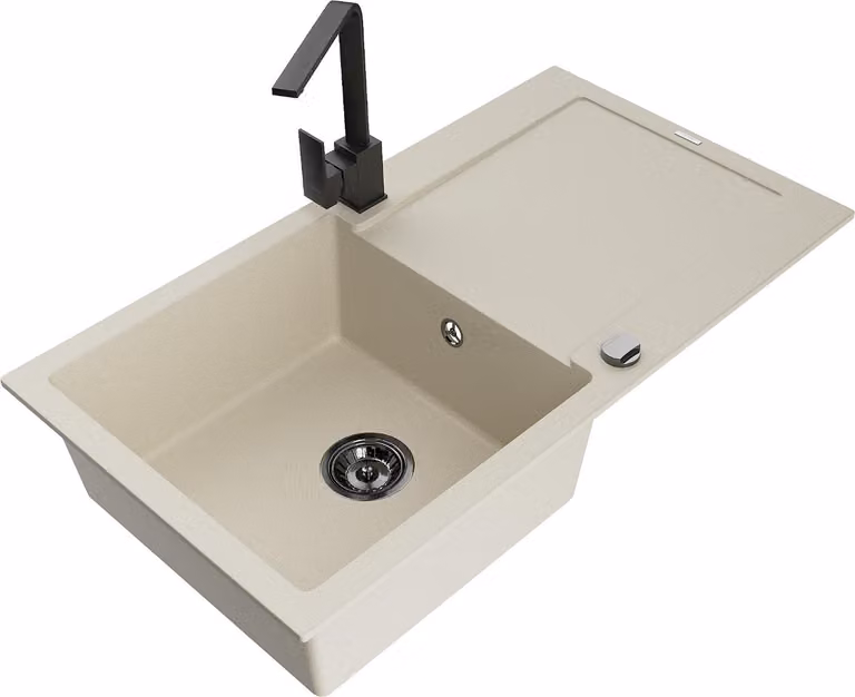 Mexen Leo lavello in granito a 1 vasca con scolapiatti e miscelatore cucina Rita, beige - 6501-69-670300-70