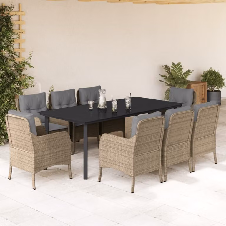 Set da Pranzo da Giardino vidaXL in Polyrattan con Cuscini Beige e Tavolo in Vetro, 9 Pezzi