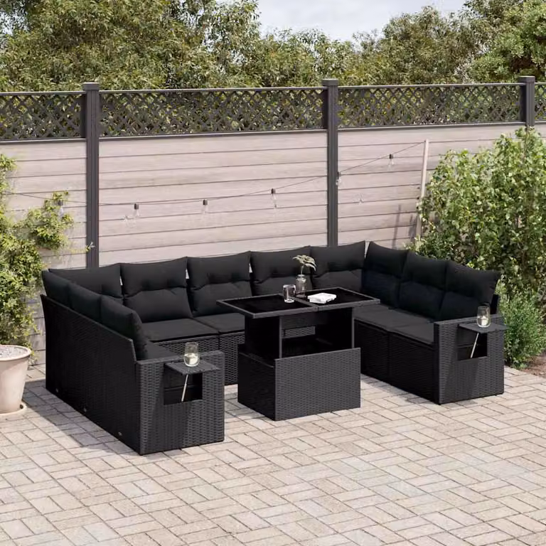 vidaXL Set Divani da Giardino 10 Pezzi con Cuscini e Tavolino, Polyrattan e Acciaio Nero