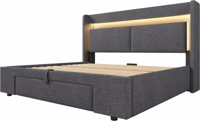 Letto imbottito 140x200 cm con contenitore idraulico, testiera grigia in lino con luci LED e porte USB/USB-C, rete a doghe in legno