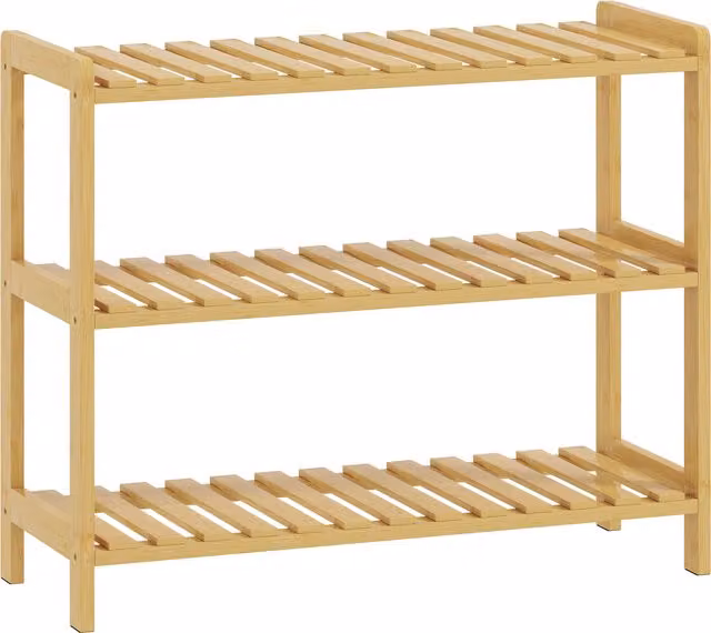 Scarpiera HOMCOM in bambù a 3 livelli per 9 paia di scarpe, colore legno naturale beige, L: 70 cm, P: 26 cm, H: 57,5 cm
